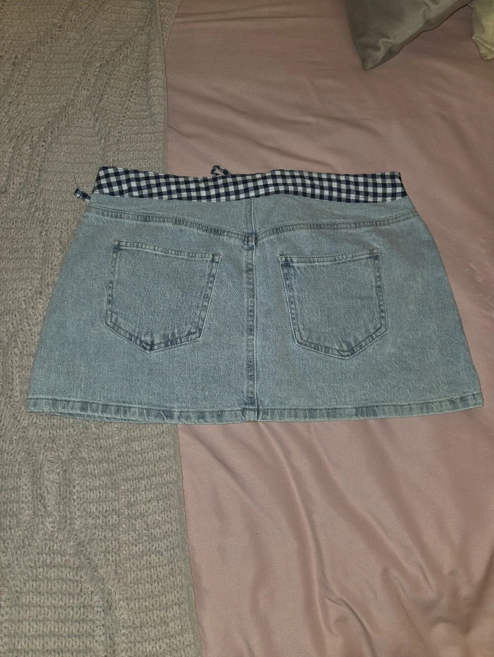 Light Blue Denim Mini Skirt with Gingham Waist Tie